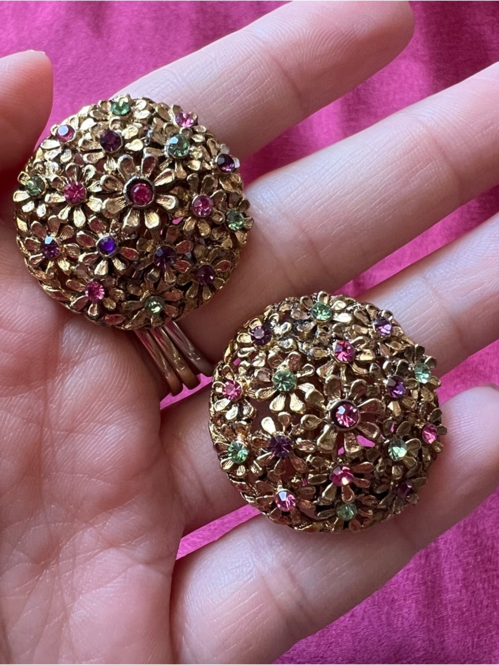 Gold Floral Cluster Clip Earrings with Pink & Green Stones